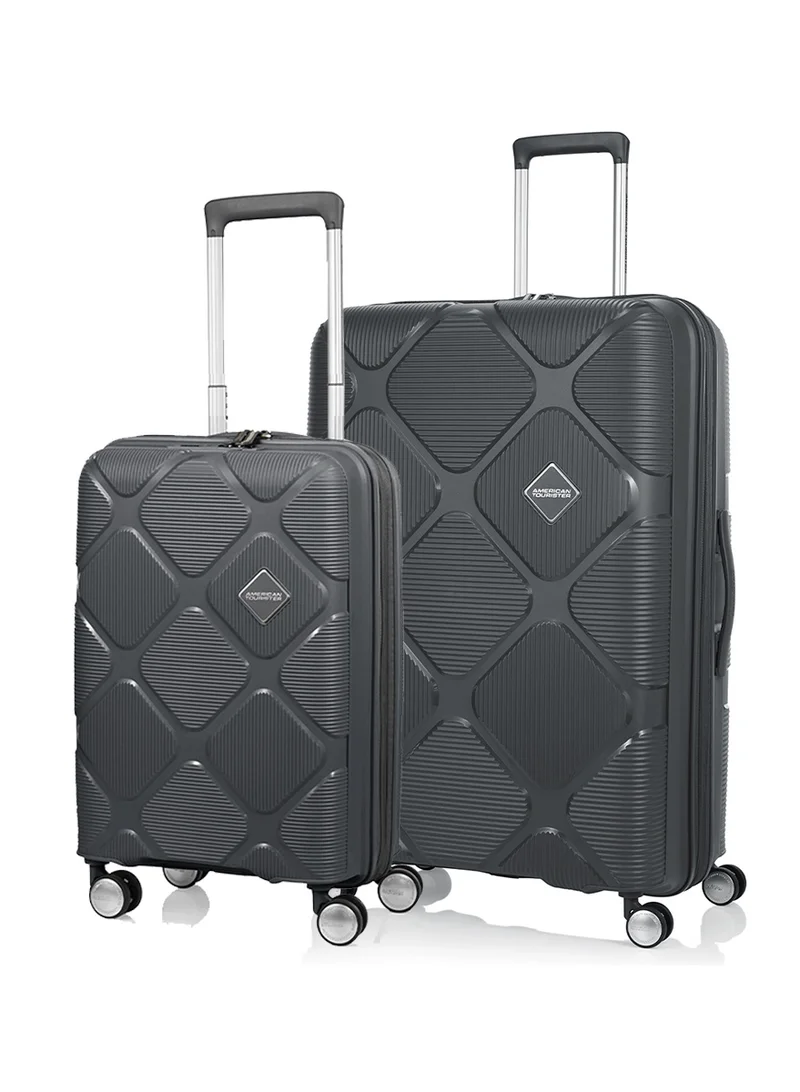 American Tourister Instagon Suitcase, 2pc Set (55 + 69 cm), 4 Double Wheels, Hard Top, Polypropylene, Dark Grey|DuoSaf™ Security Zipper|TSA 008 Lock|Optimov™ Shock Absorbing Wheels|Expandable - 3 Years International Warranty